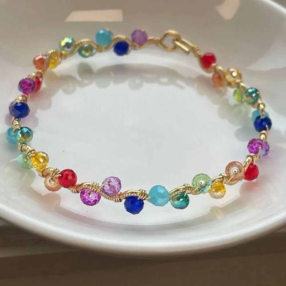 Lucy bangle bracelet 8” gold copper core PRIDE sparkle rainbow faceted glass bea